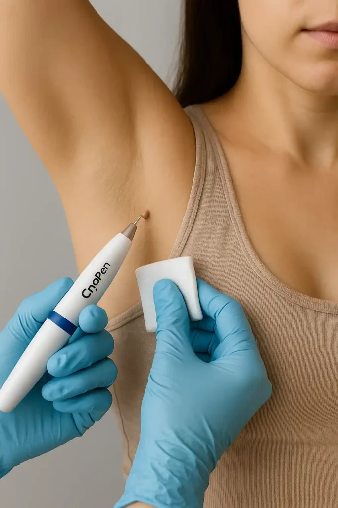 woman having cryopen to remove underarm skin tags Kenilworth