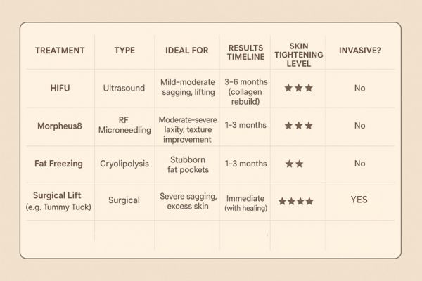 Table showing the comparisons of Skin tightening Kenilworth treatment options.